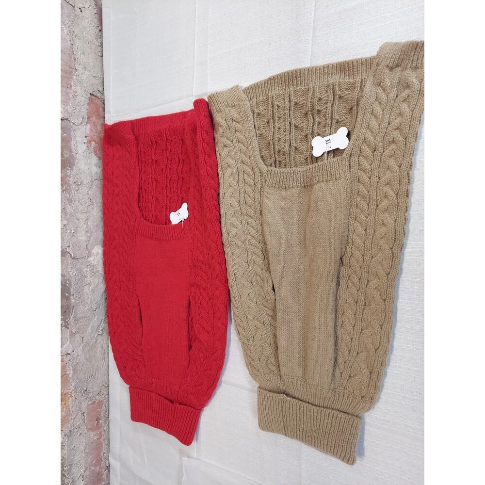 Dog Sweater Lot of 2 Sz XL Cable Knit Turtleneck Red Tan Winter Clothes - Picture 2 of 2